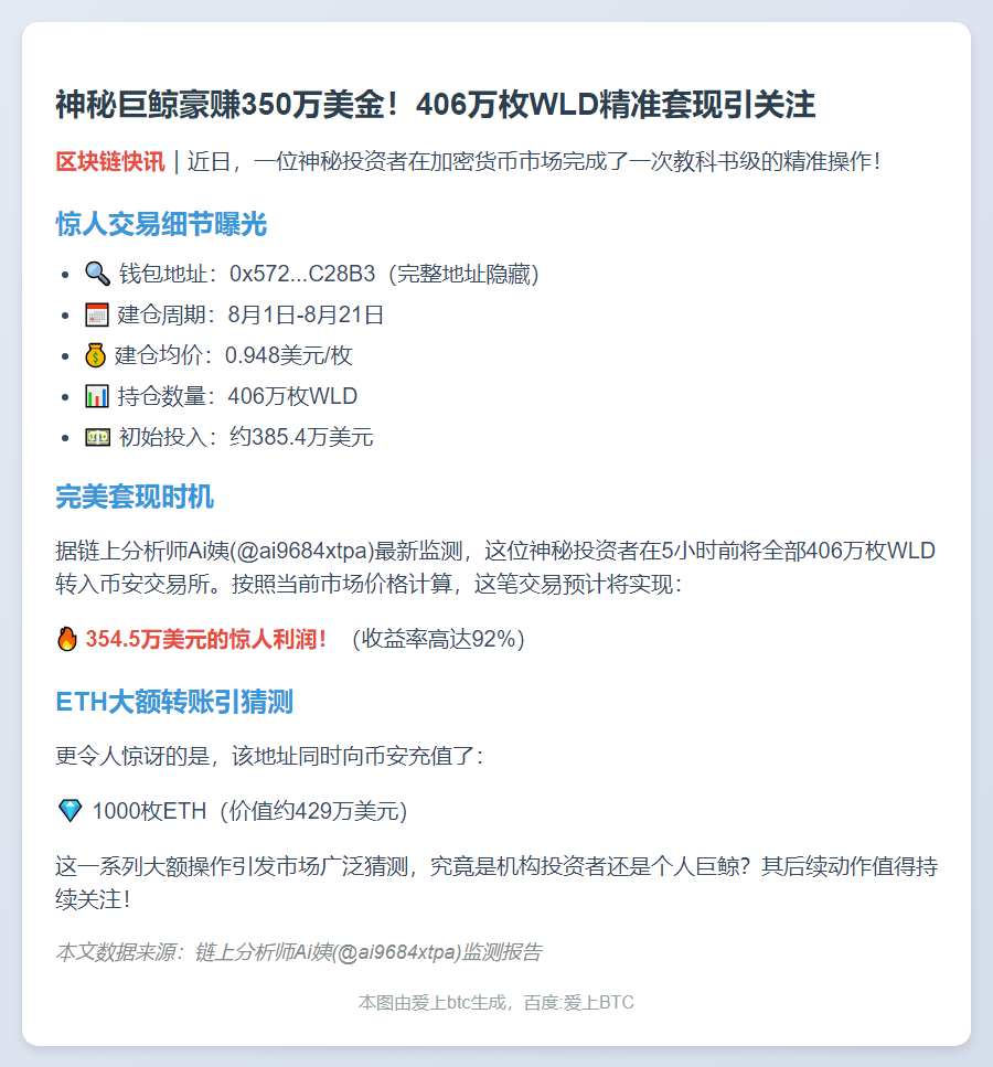 巨鲸抛售406万WLD，获利354万美元