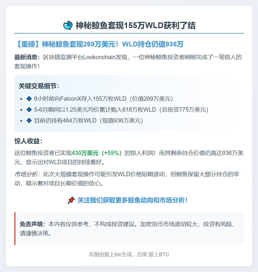 鲸鱼套现155万WLD获利了结