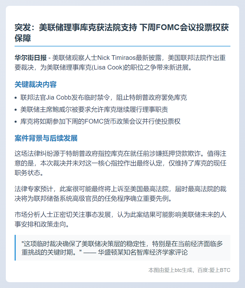 美法院准库克下周FOMC投票