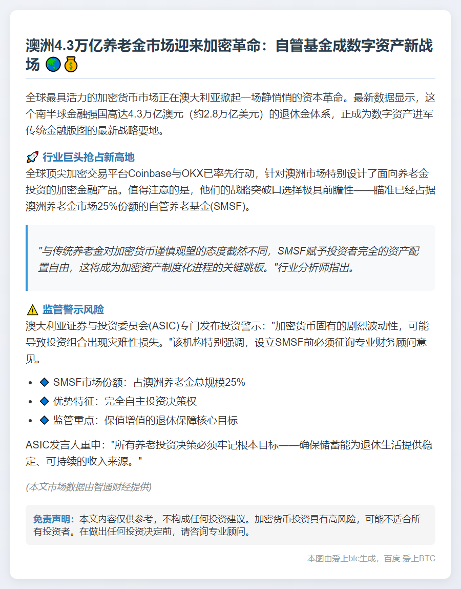 加密资产借道养老金涌向澳洲4.3万亿储蓄池