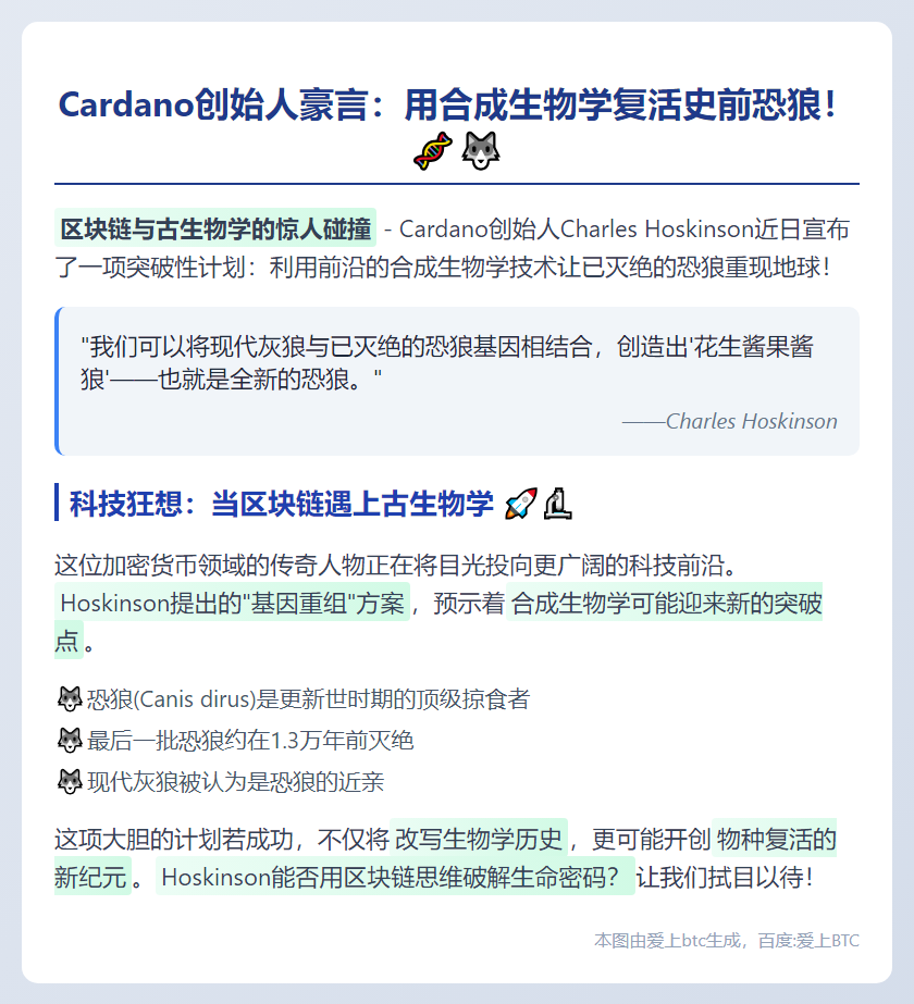 Cardano创始人拟复活恐狼