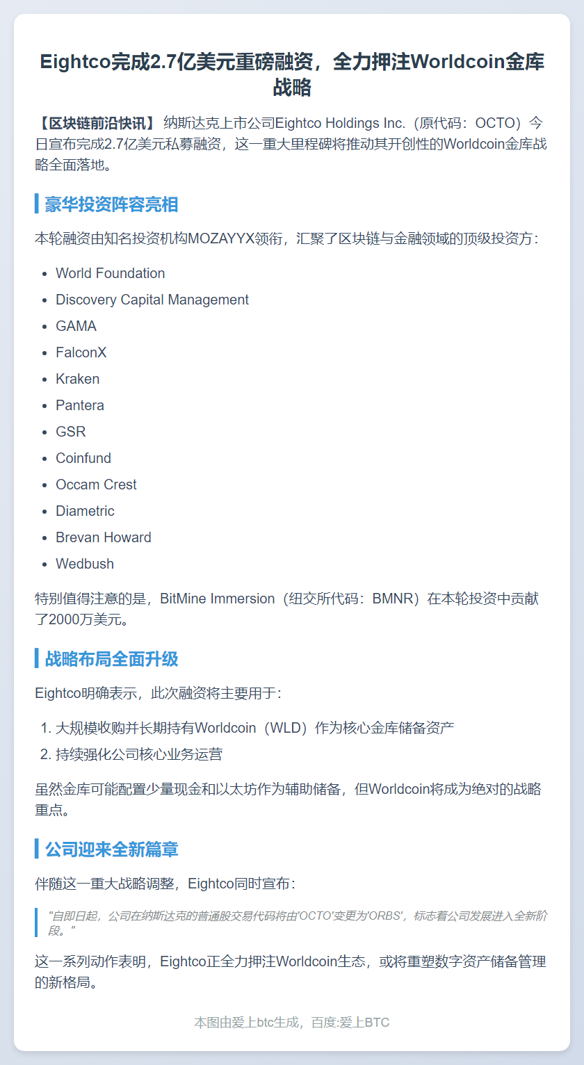 Eightco融资2.7亿美元推动Worldcoin战略
