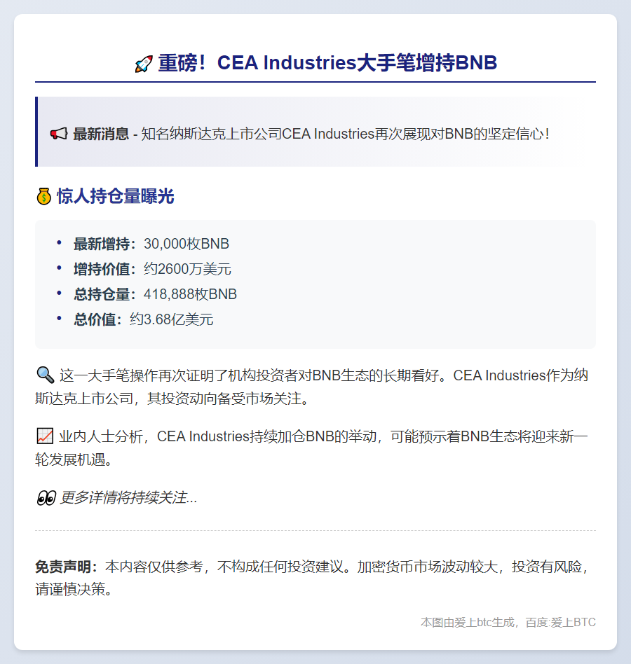 CEA Industries增持3万BNB，持仓达41.9万