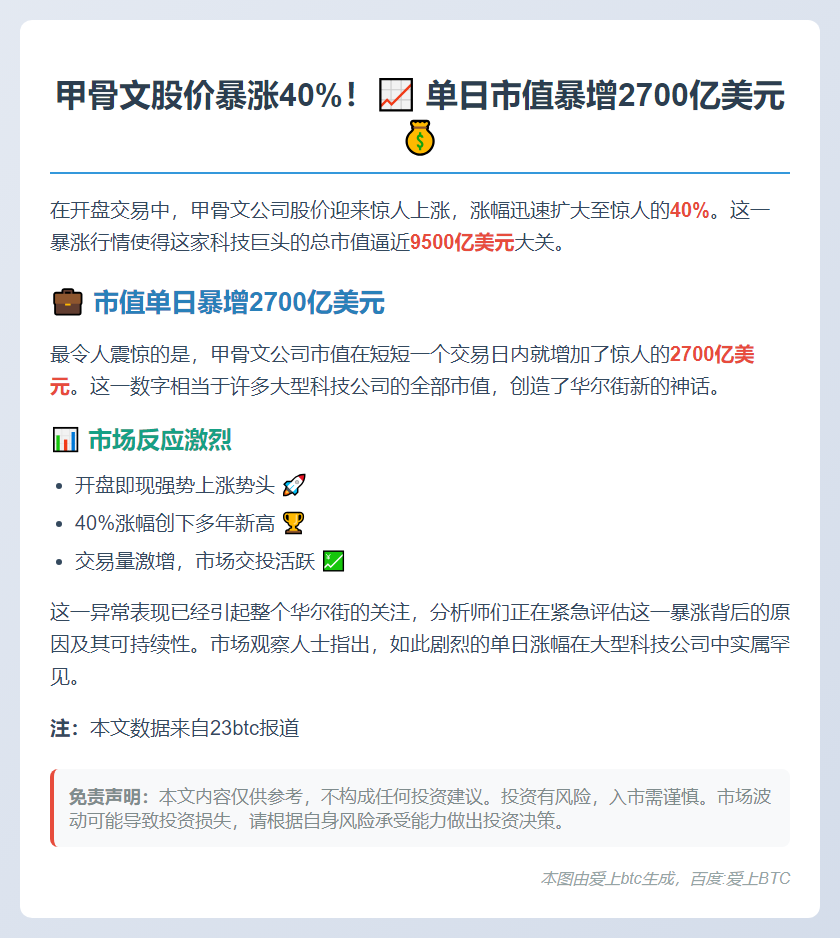 甲骨文股价开盘暴涨40%