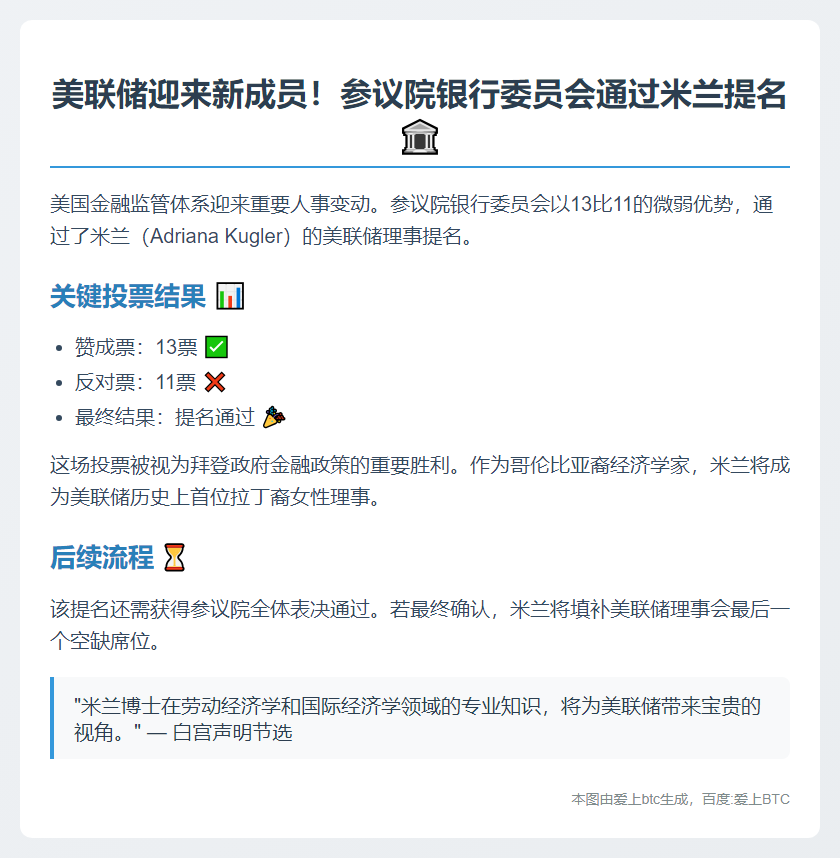 美参议院通过米兰美联储理事提名