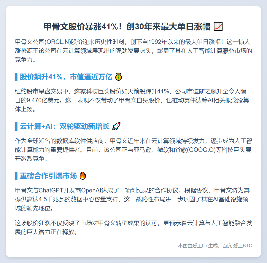 甲骨文股价创29年最大涨幅