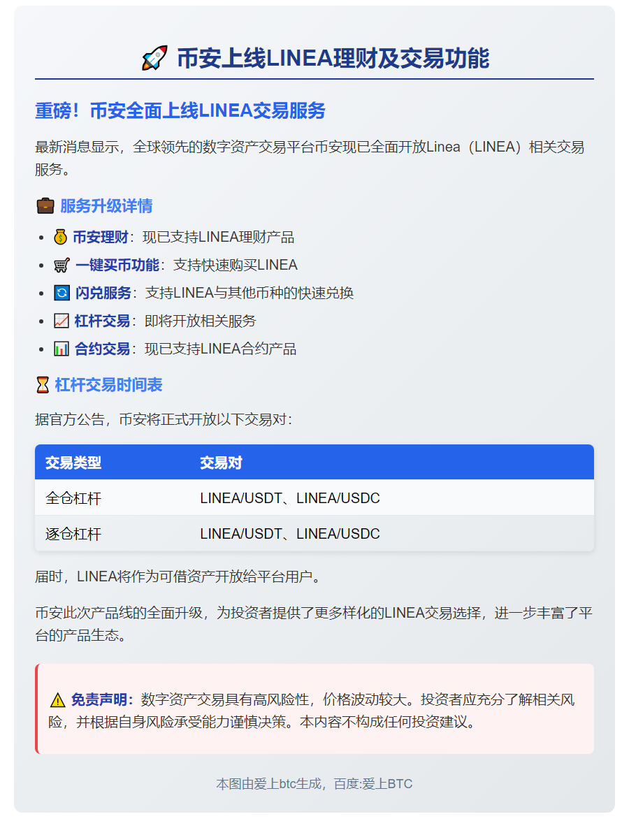 币安上线LINEA理财及交易功能