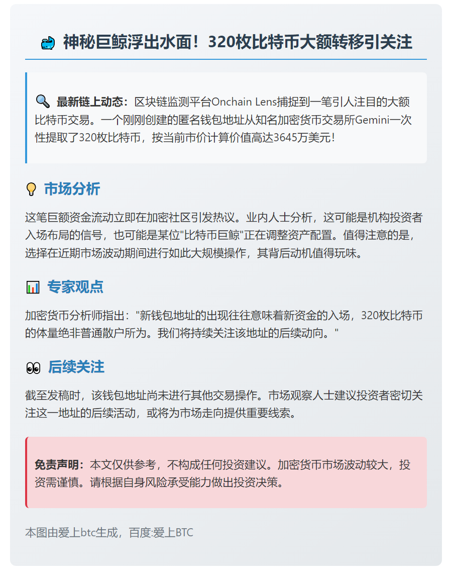 新钱包从Gemini提取320枚比特币