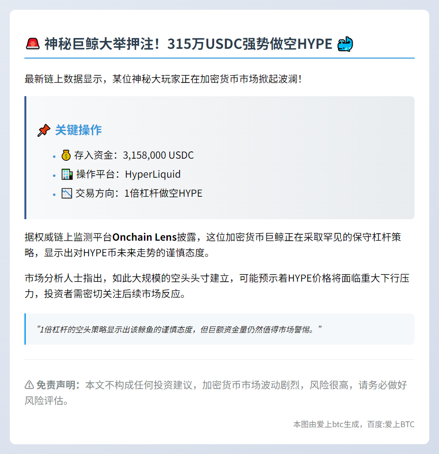 巨鲸315.8万USDC做空HYPE