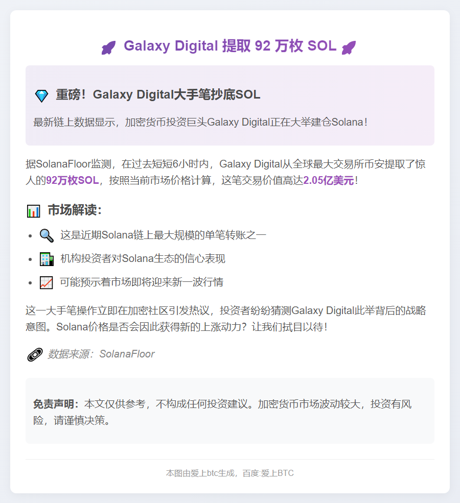 Galaxy Digital 提取 92 万枚 SOL