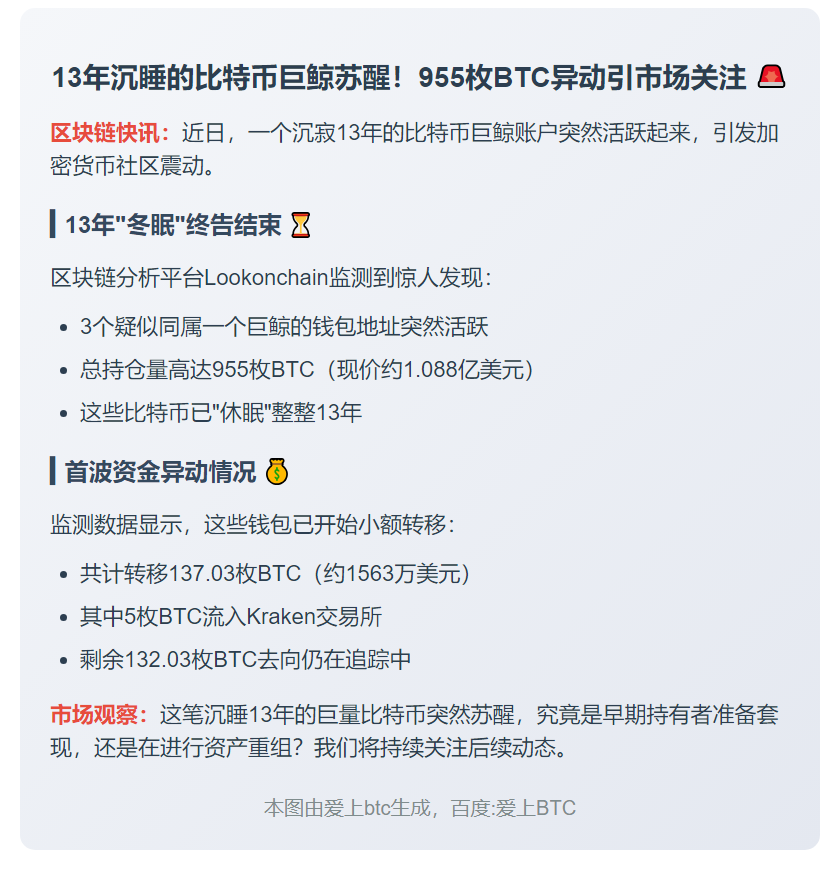 巨鲸钱包休眠13年激活，持955枚BTC