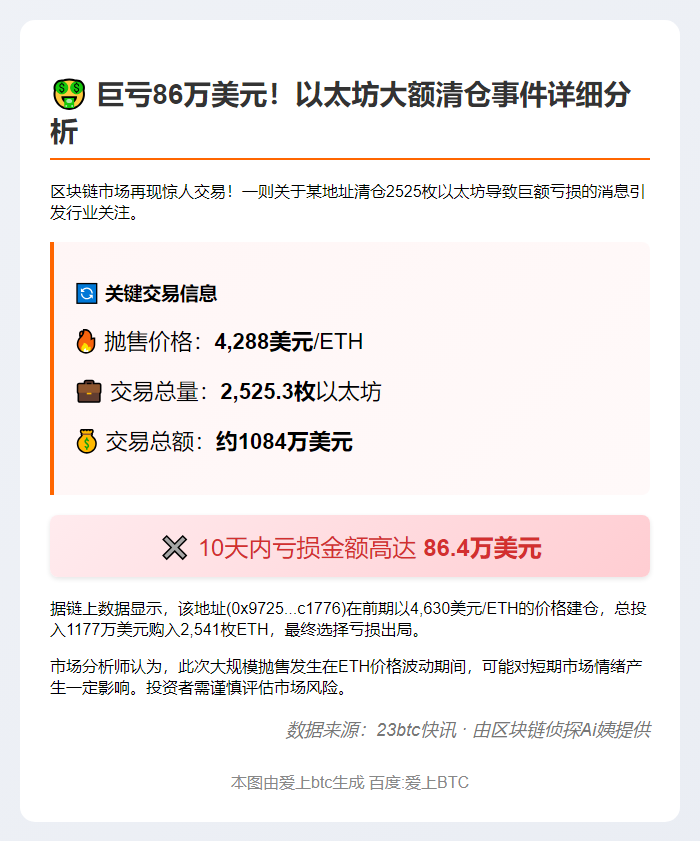 巨亏86万美元！某地址清仓2525枚以太坊