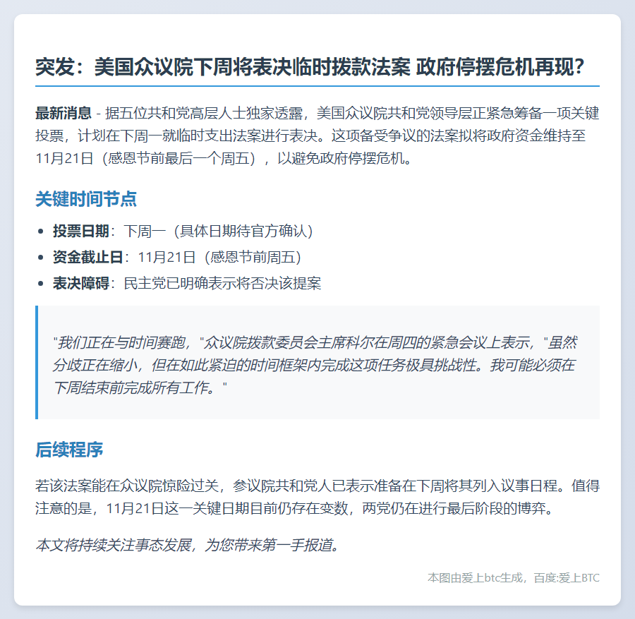 美众议院下周一对临时拨款法案投票