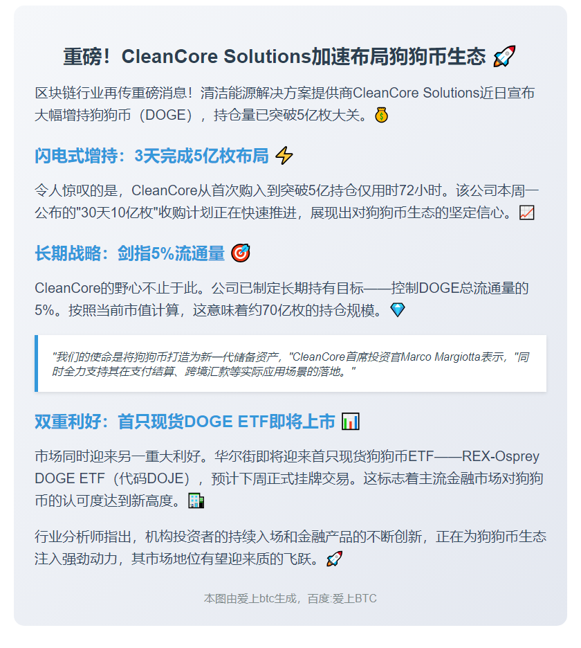 CleanCore增持5亿枚DOGE