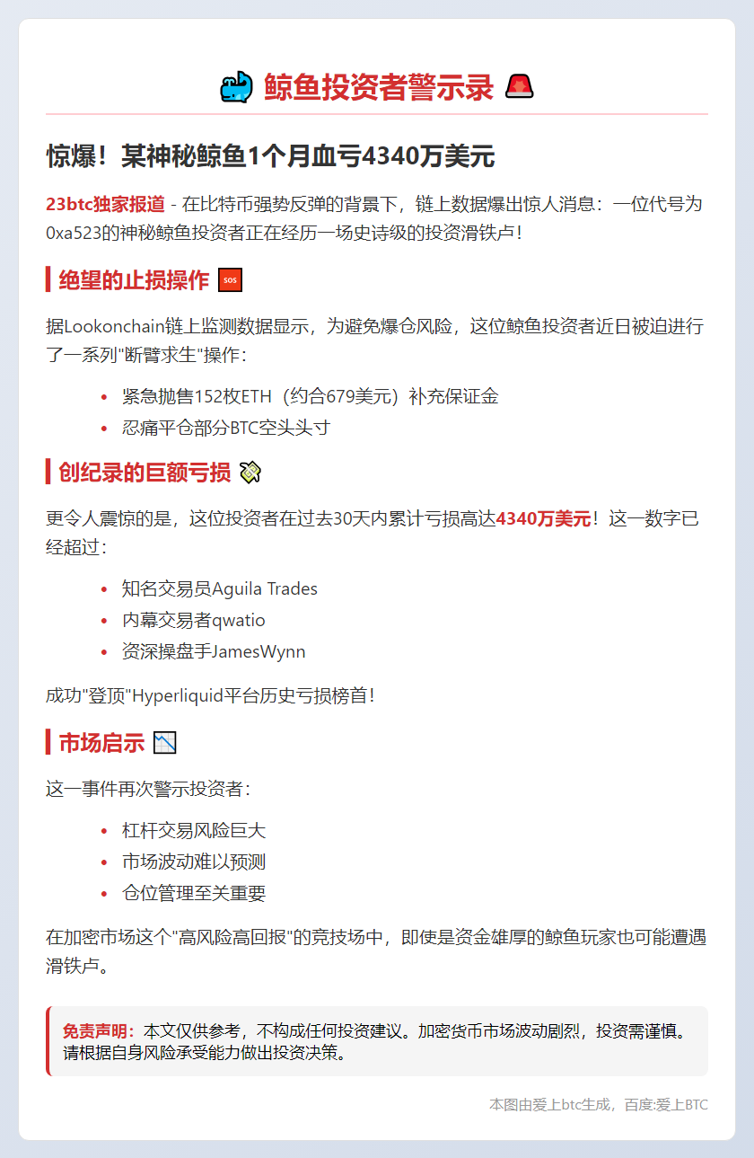 鲸鱼1月亏4340万美元，成Hyperliquid最大输家