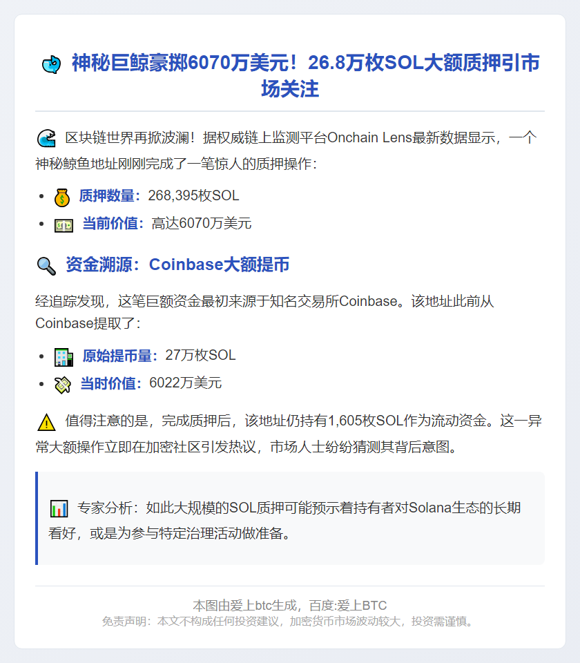 巨鲸质押26.8万枚SOL，价值6070万美元