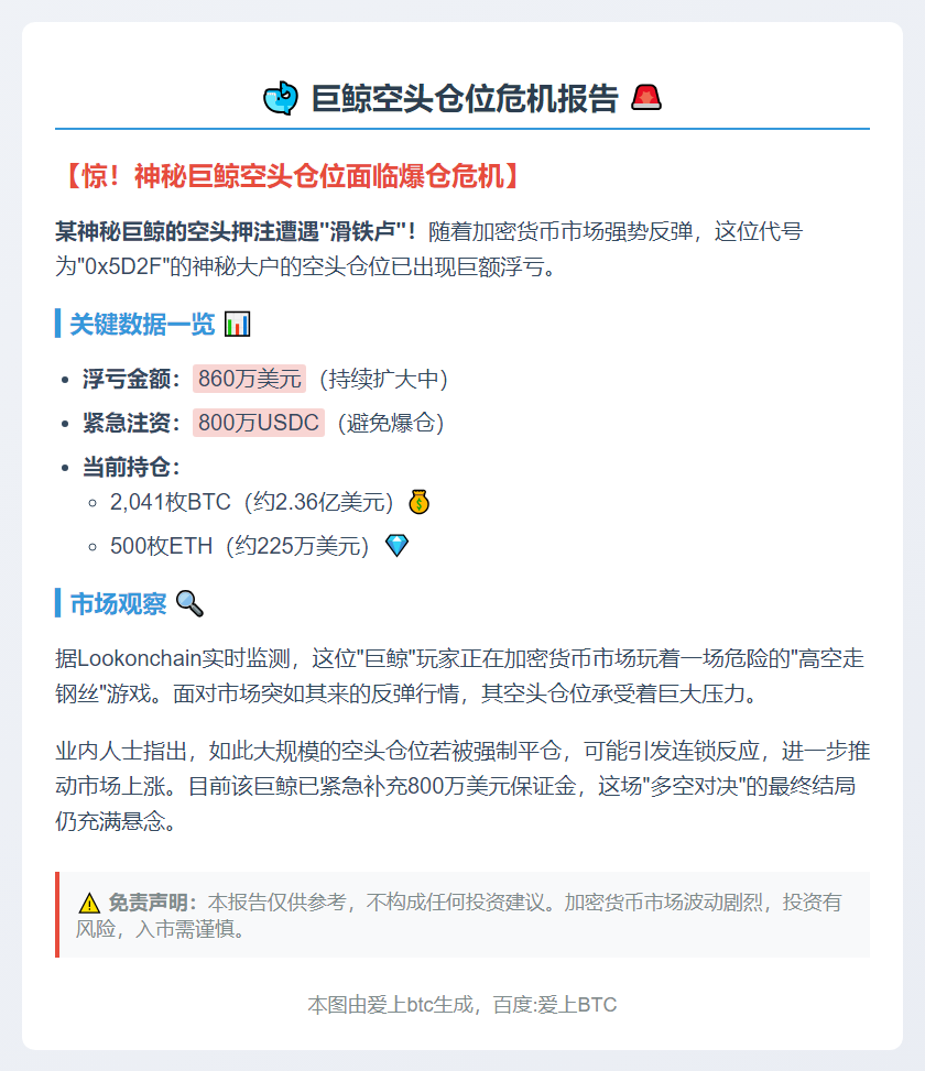鲸鱼做空BTC、ETH亏860万，补800万防清算