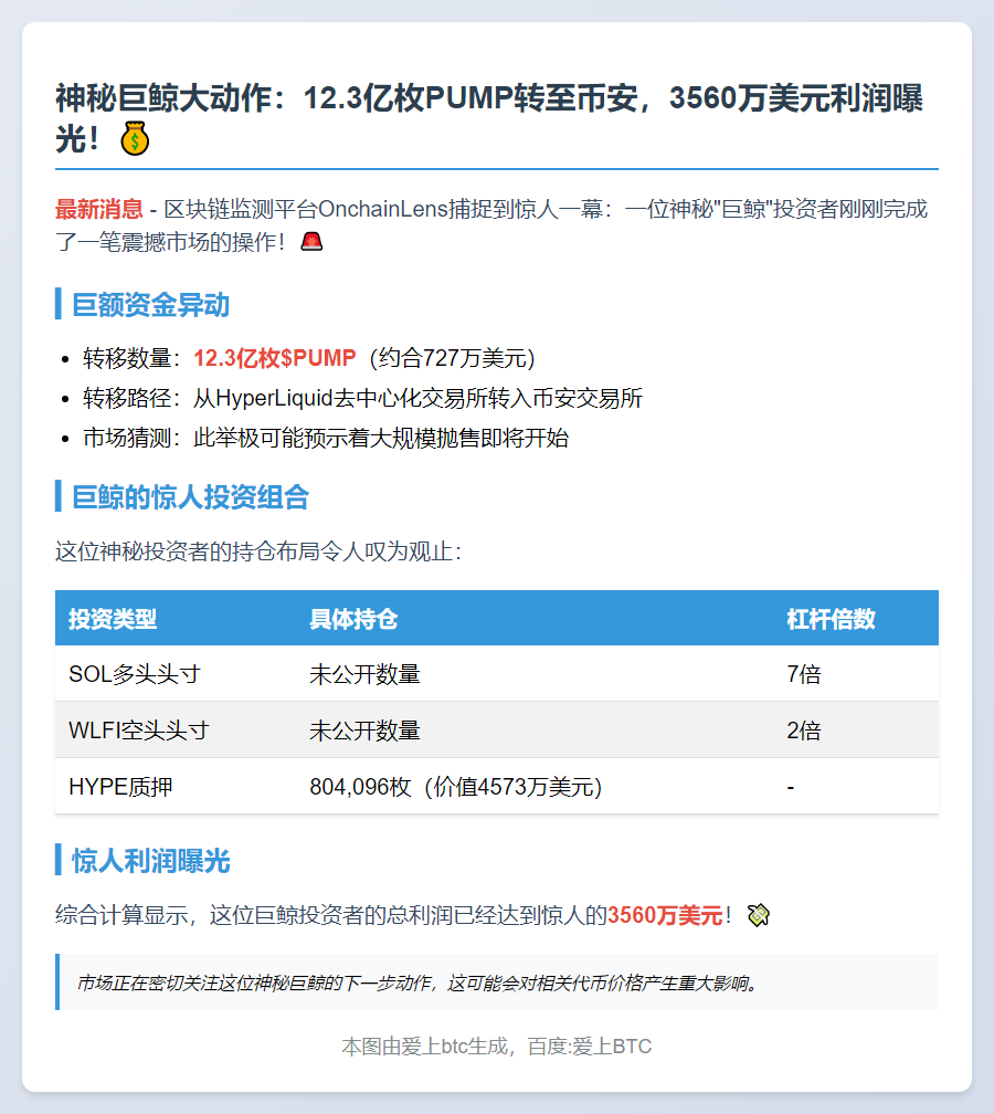 巨鲸转移12.3亿PUMP至Binance或抛售