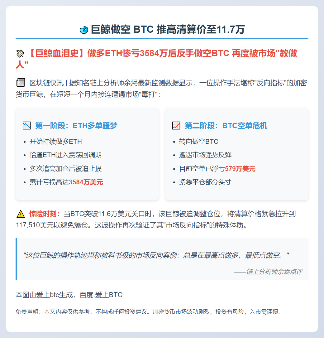 巨鲸做空 BTC 推高清算价至11.7万