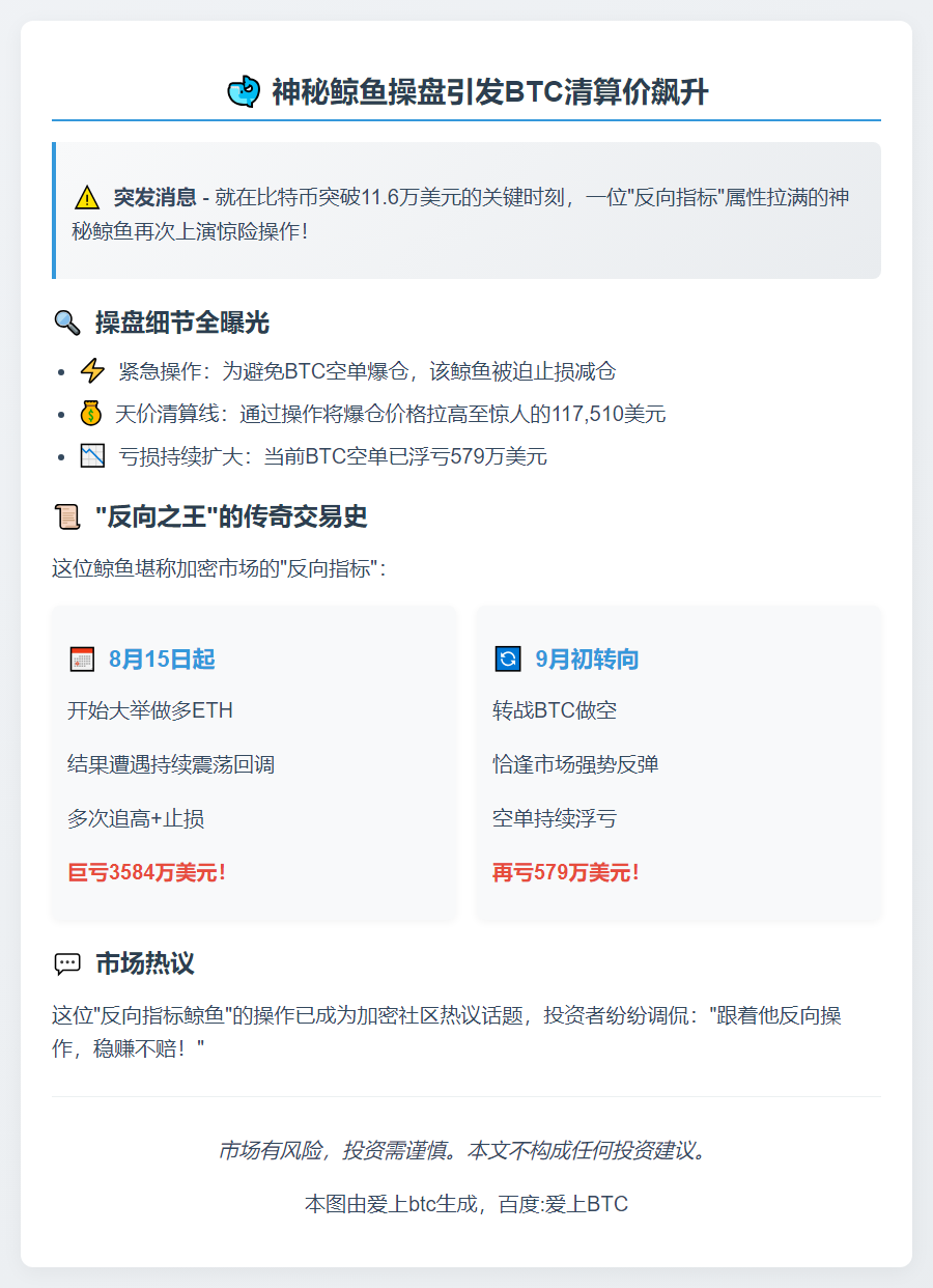 鲸鱼2小时前推高BTC清算价至117,510美元