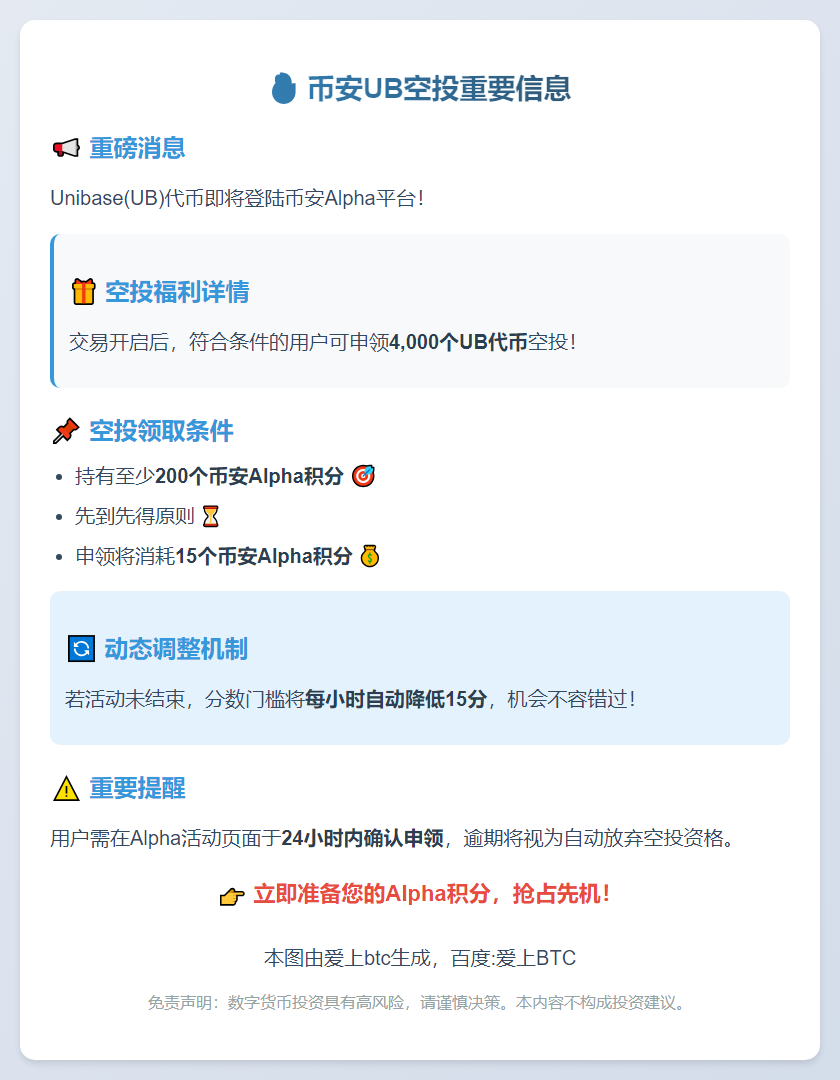 币安UB空投需200分