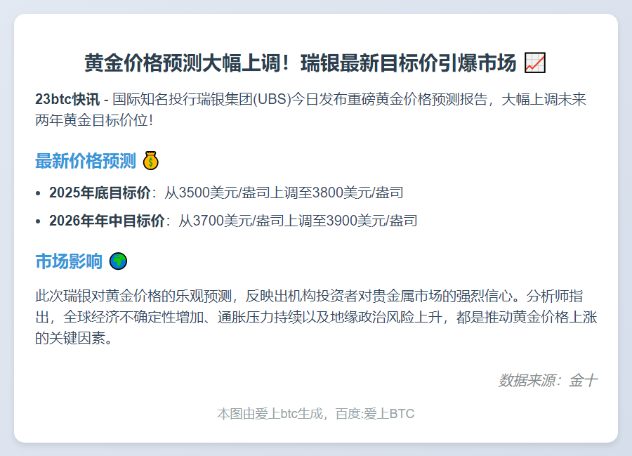 瑞银上调2025年金价目标至3800美元