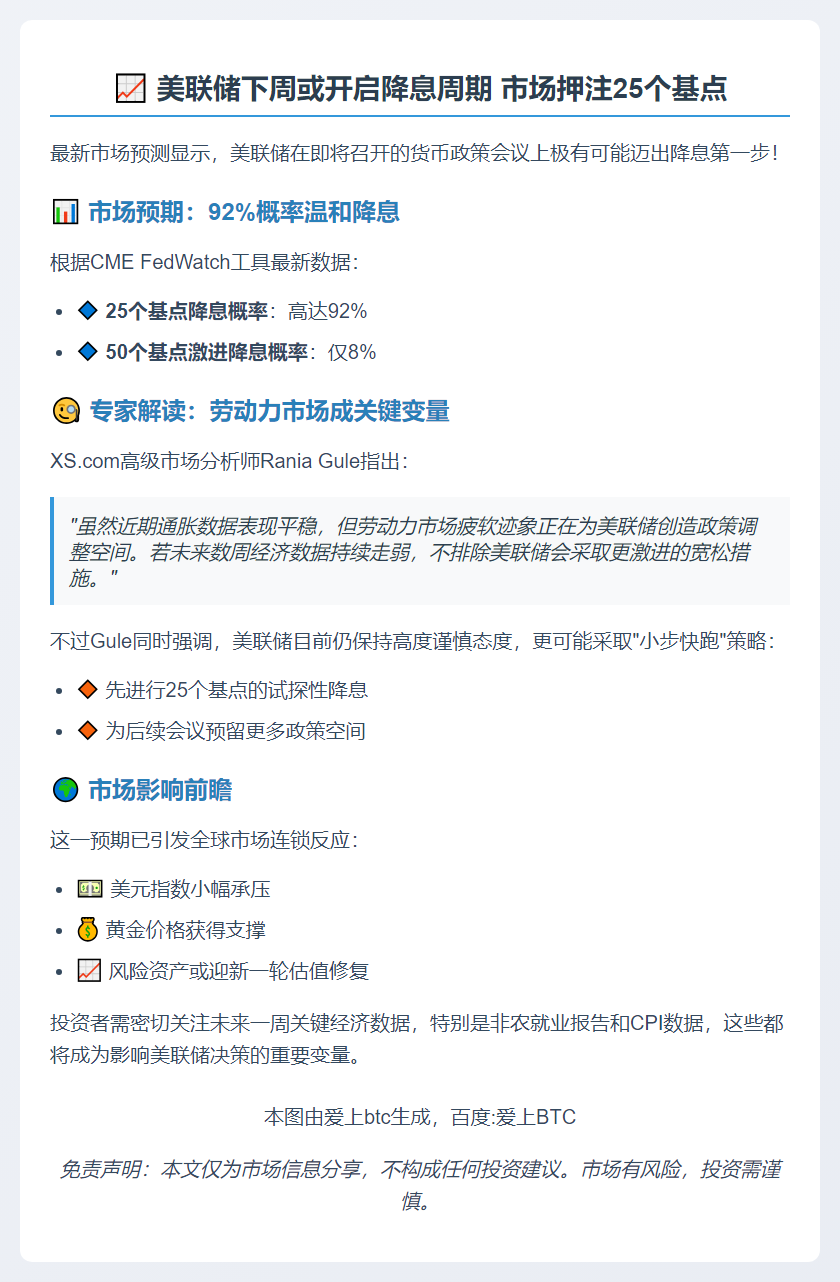 美联储下周或降息25个基点