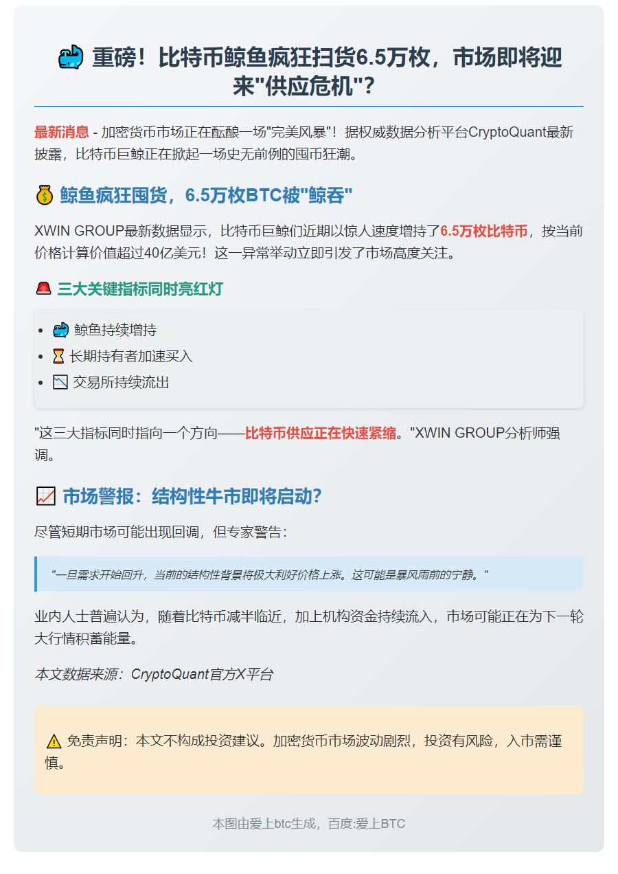 鲸鱼狂扫6.5万枚比特币，供应告急