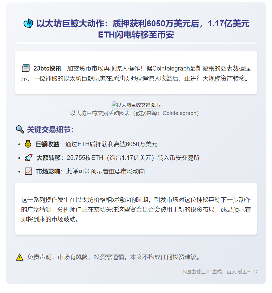 以太坊巨鲸质押获利6050万后转1.17亿ETH至币安