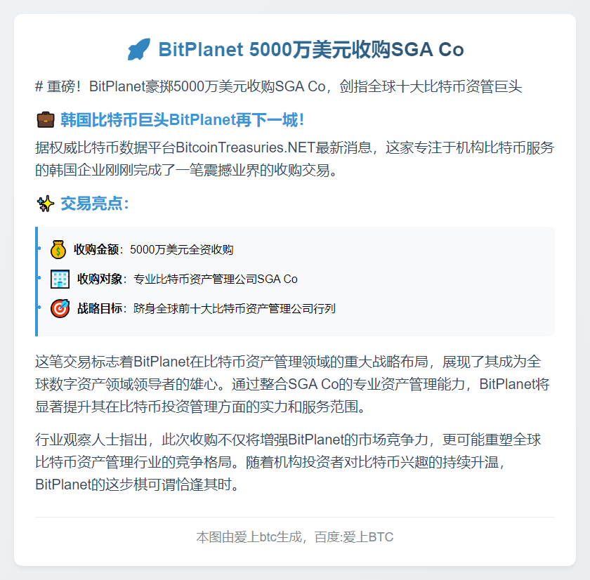 BitPlanet 5000万美元收购SGA Co
