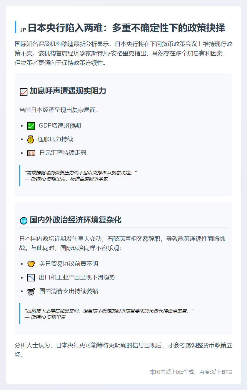 穆迪：日本央行将维持政策不变