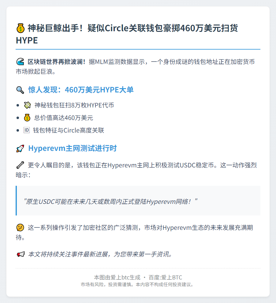 Circle钱包购入8万枚HYPE，价值460万美元