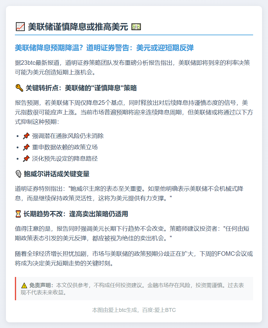 美联储谨慎降息或推高美元