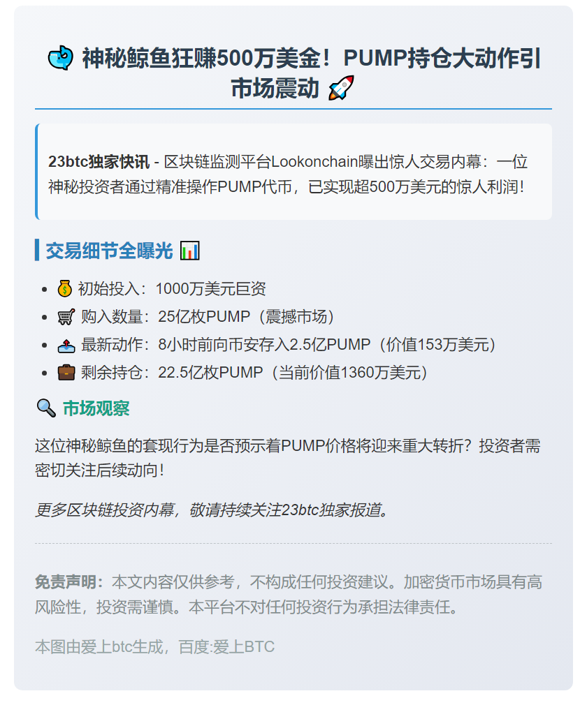 鲸鱼抛售PUMP获利500万美元