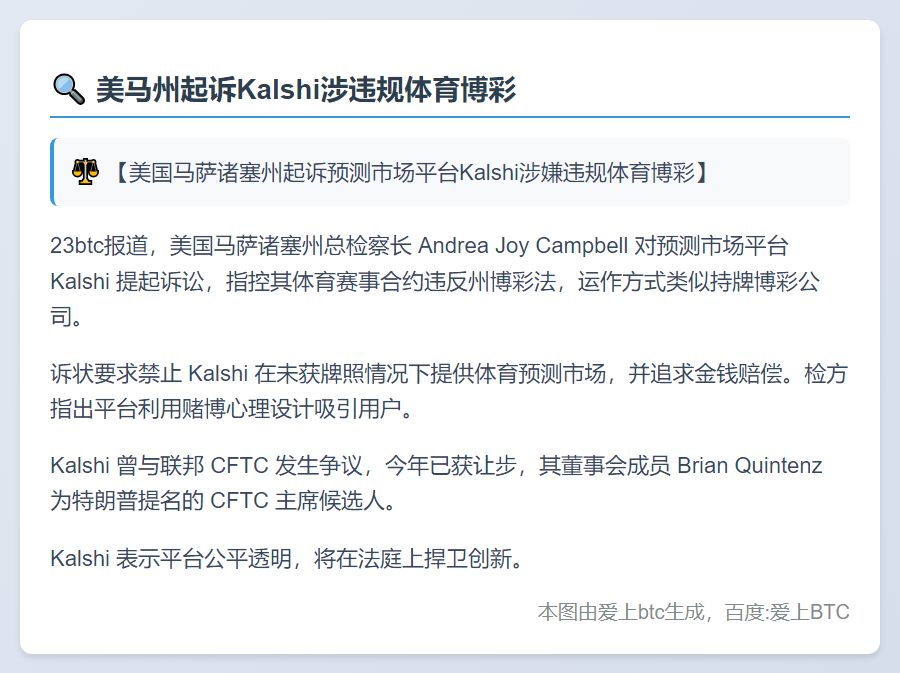 美马州起诉Kalshi涉违规体育博彩