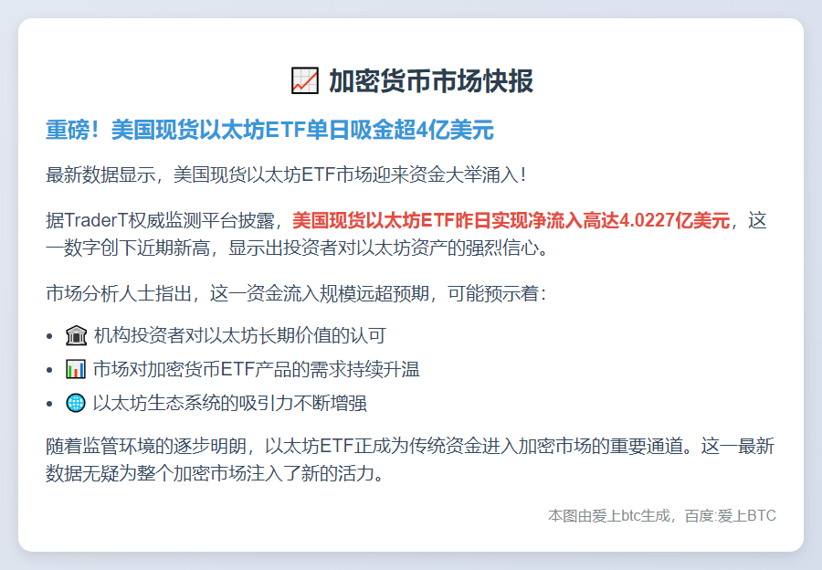 美现货以太坊ETF单日流入4亿美元