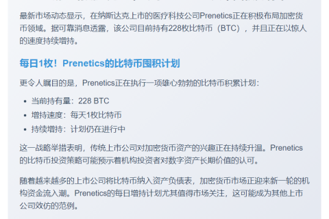 Prenetics日增1枚比特币，持仓达228枚