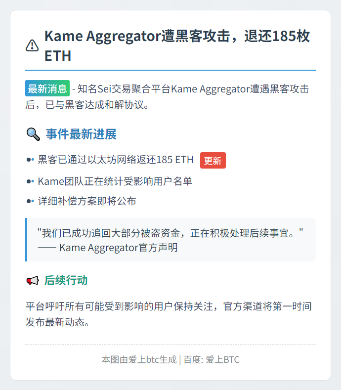 Kame Aggregator遭黑客攻击，退还185枚ETH