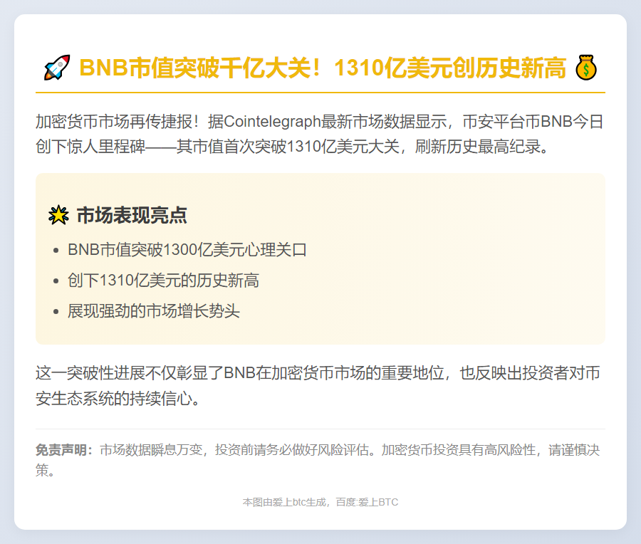BNB市值突破1310亿美元新高