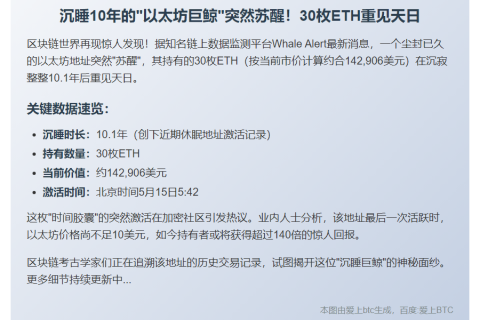 沉睡10年，30枚ETH地址苏醒