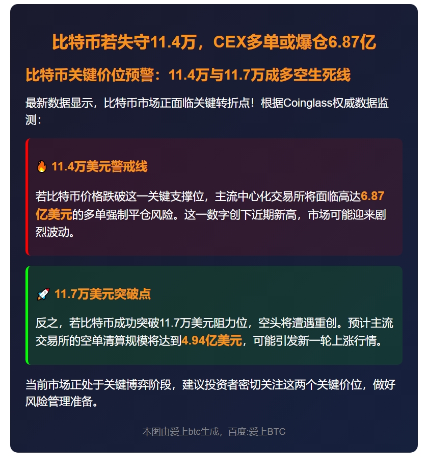 比特币若失守11.4万，CEX多单或爆仓6.87亿
