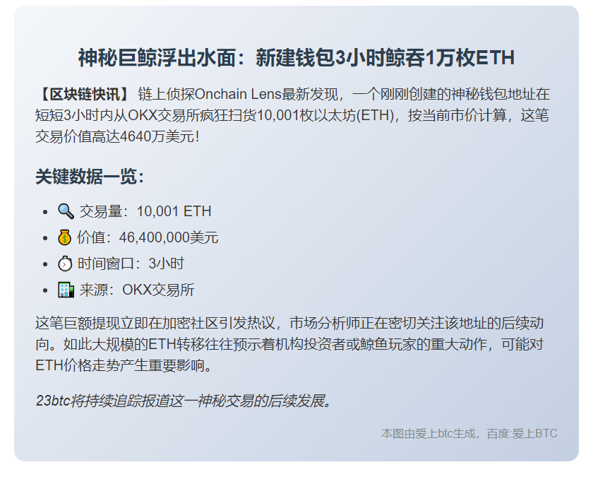 新钱包3小时从OKX提取1万枚ETH