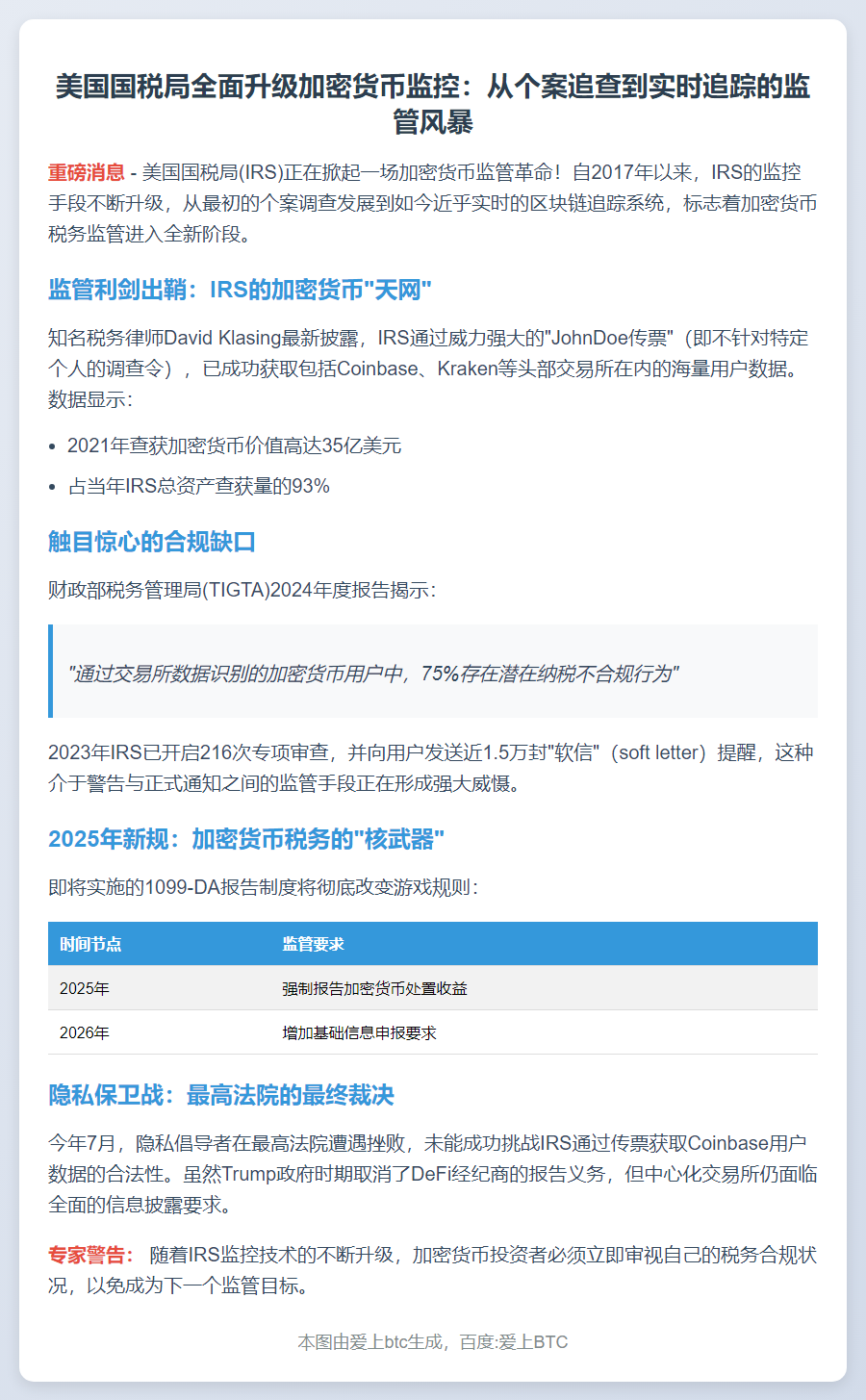 美国税局升级加密监控，实时追踪区块链