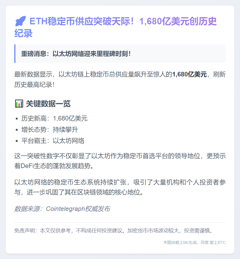 以太坊稳定币供应量破1680亿美元新高