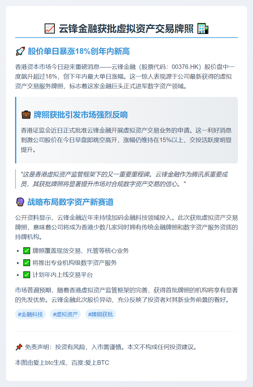 云锋金融获批虚拟资产交易，股价大涨18%