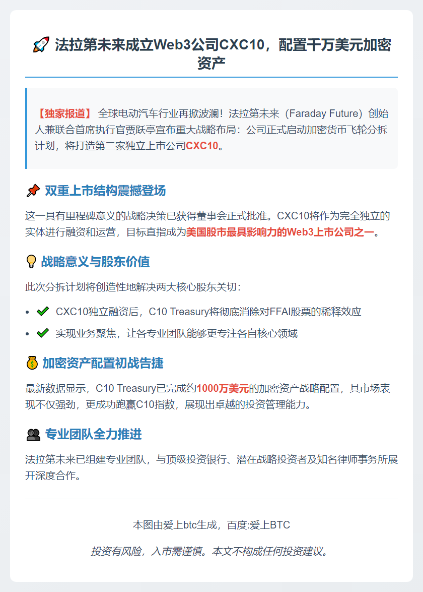 法拉第未来成立Web3公司CXC10，配置千万美元加密资产