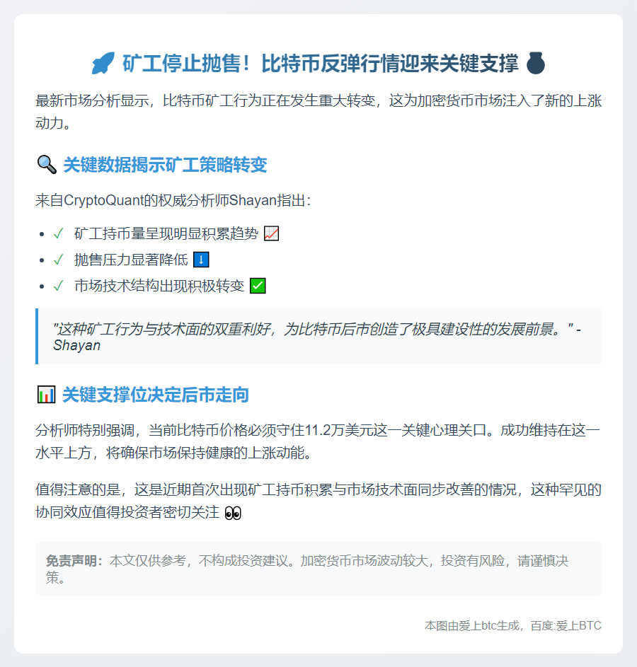 CryptoQuant：矿工减少抛售行为提振比特币反弹信心