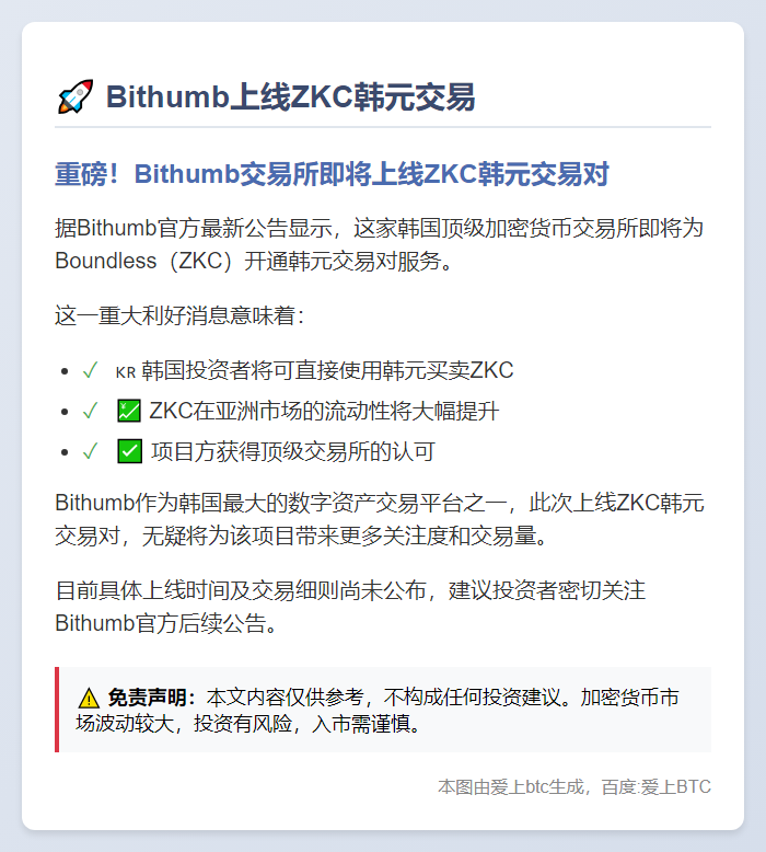 Bithumb上线ZKC韩元交易
