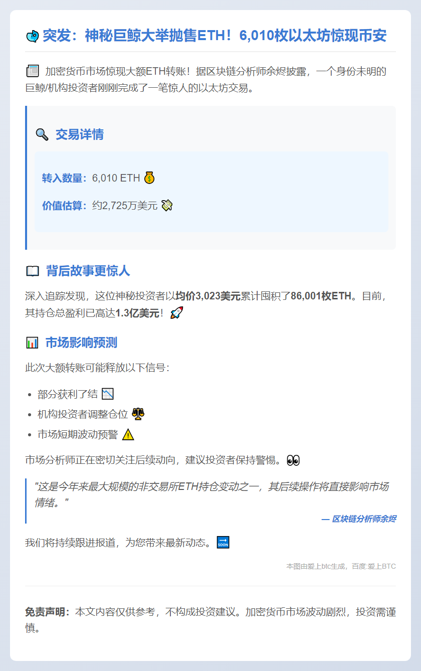 巨鲸1小时转6010 ETH至币安