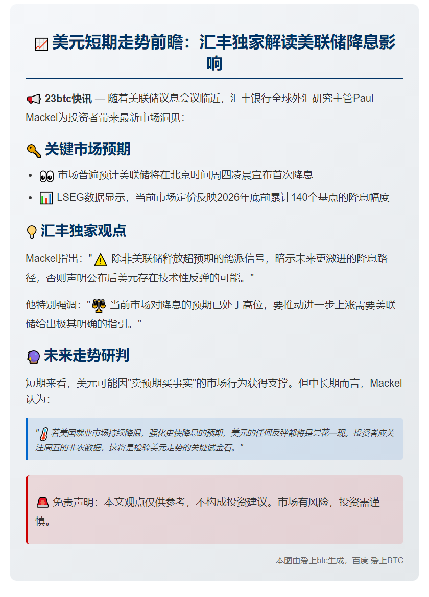 汇丰：美元短期涨势或难持续